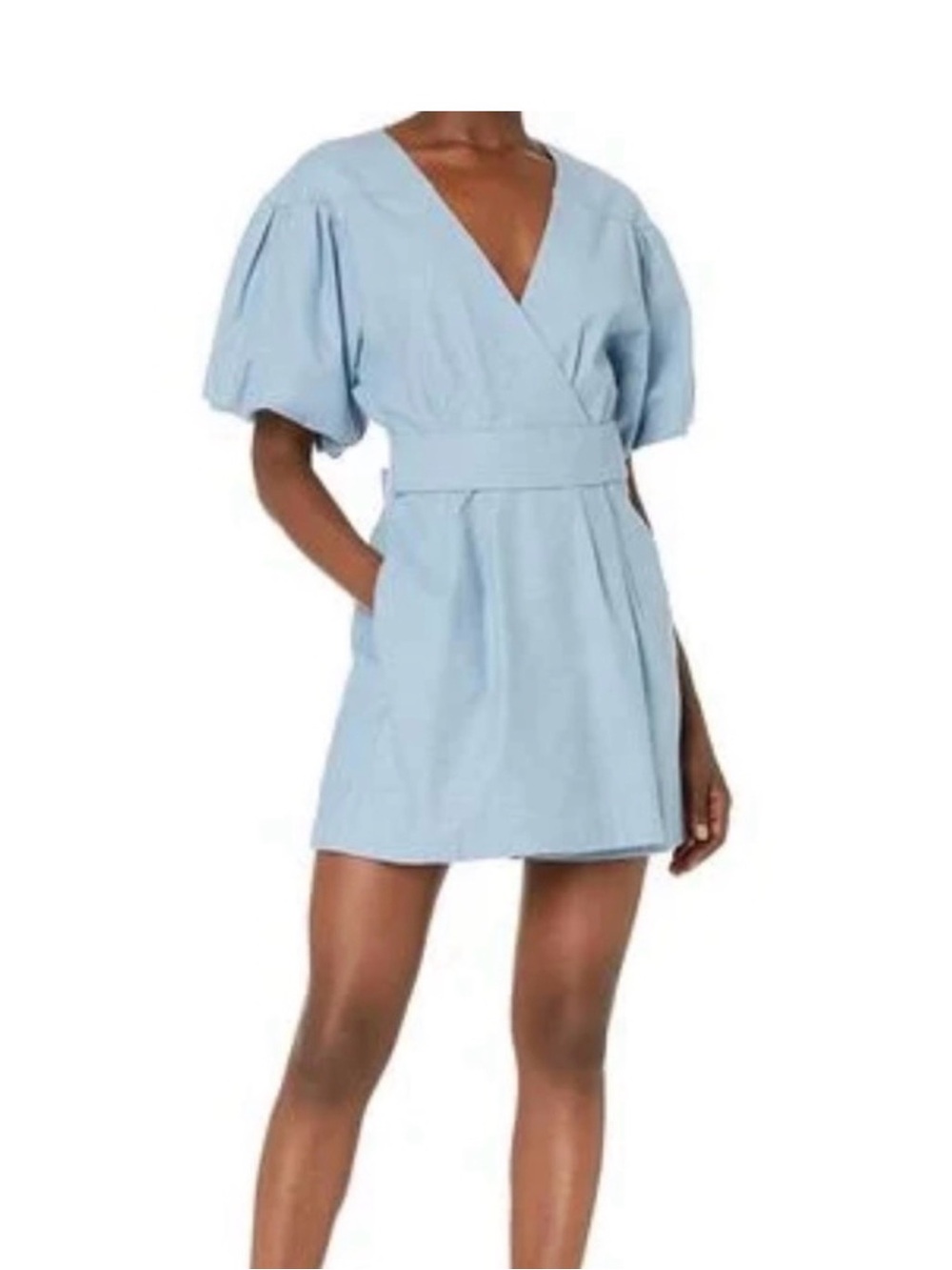 BCBG has Maxazria Light Blue V-Neck Short Dress with Puff Sleeves